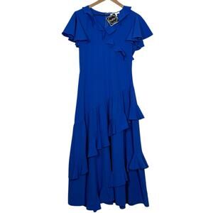 Ces Femme Ruffle Dress Womens S Blue V-Neck Tiered Flutter Sleeve Asymmetric NWT